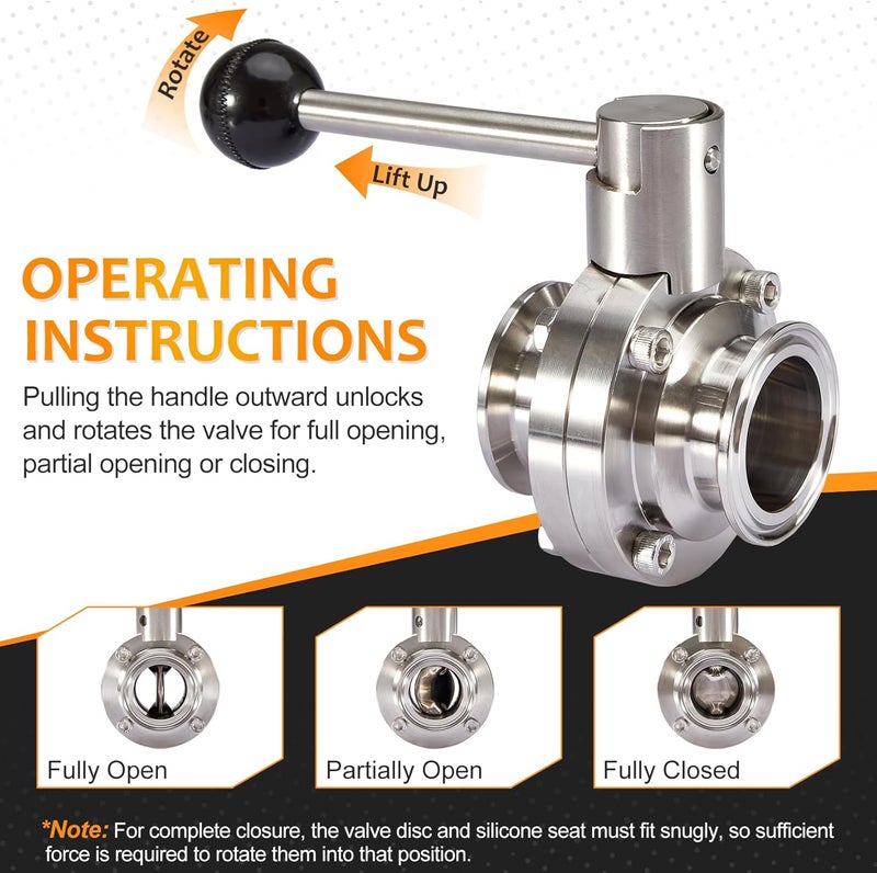 Pindex 2 Pack 1.5 Inch Heavy Duty Butterfly Valves with Pull Handle and 4 Pcs 1.5" 165g Heavy Duty Tri Clamp with Silicone Gasket 304 Stainless Steel Sanitary TC Fittings - Image 4
